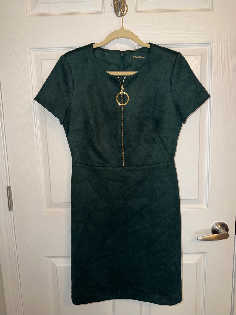 Calvin Klein Dark Green Sheath Dress | Gold Zip Front Size: 8